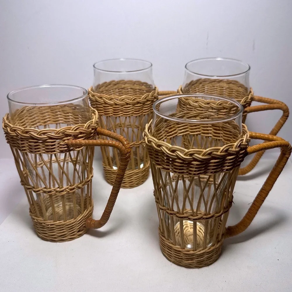 Wicker Glass Mugs Set of 4 Tan Boho Rattan Sleeves Cottagecore